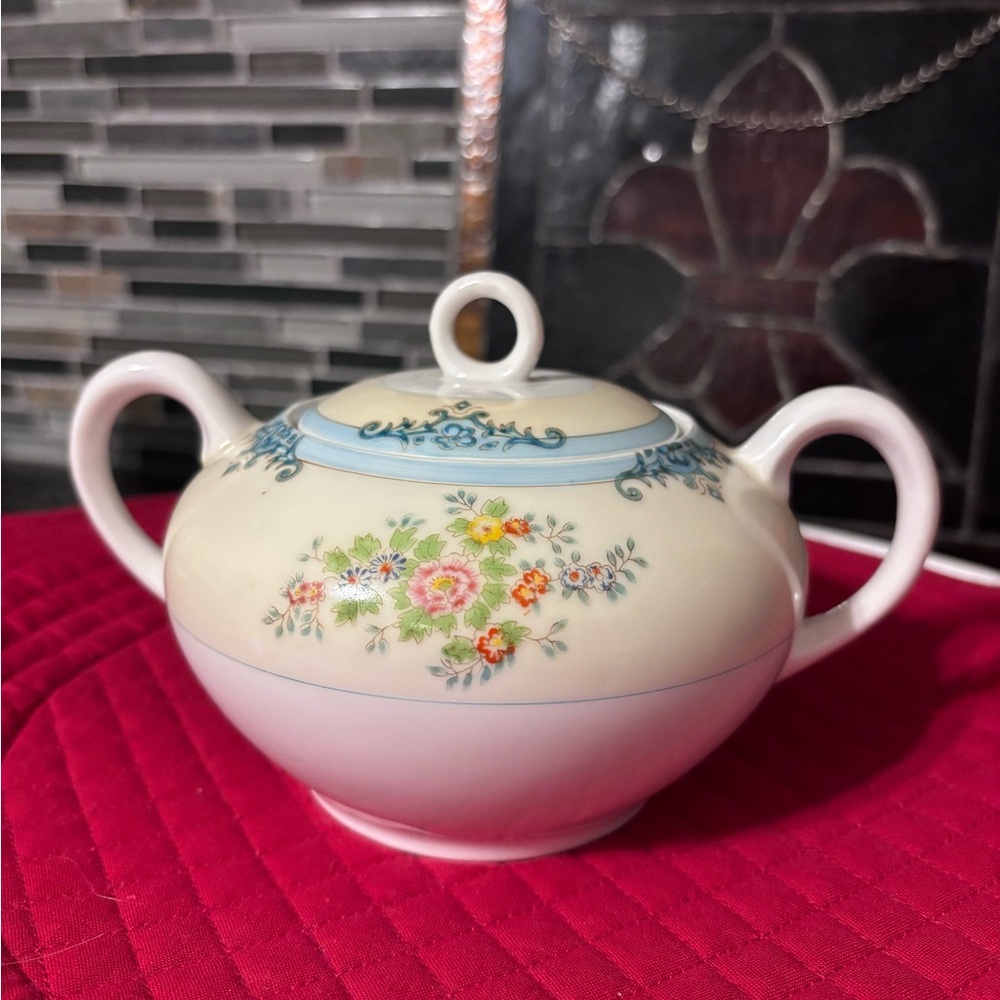 Vintage Gold Castle Floral Sugar Bowl with Colorful flowers